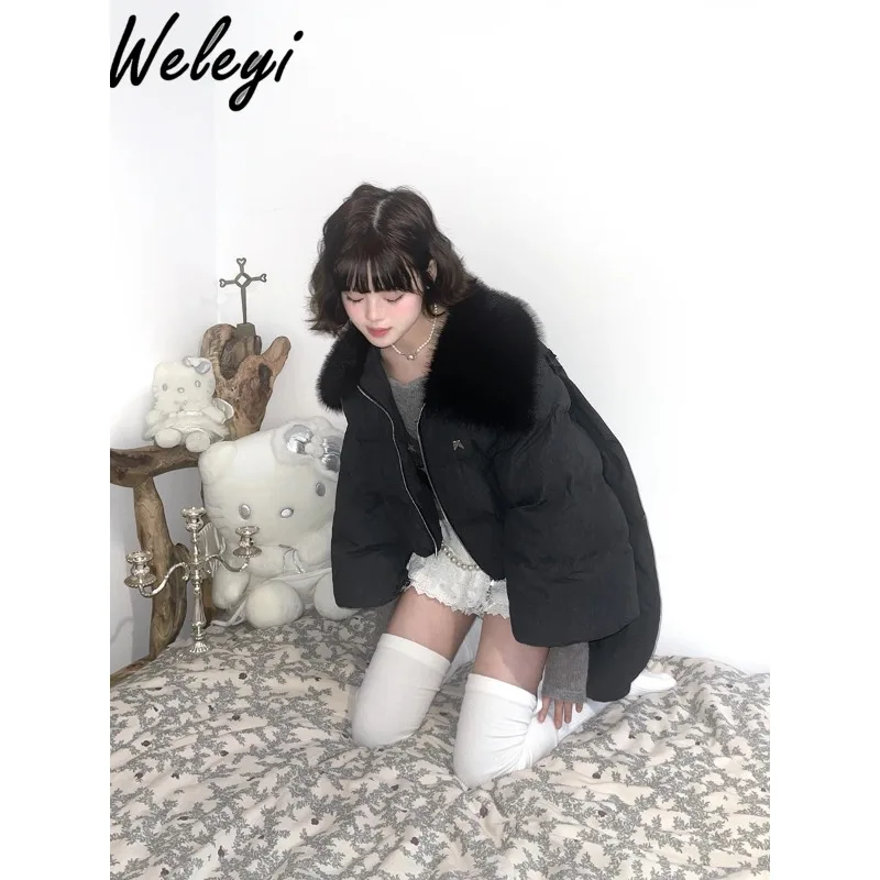 Sweet Women's down Coat 2024 Winter Trumpet Long Sleeve Angel Wings Detachable Short Fur Collar Thick Loose Cotton Padded Coats