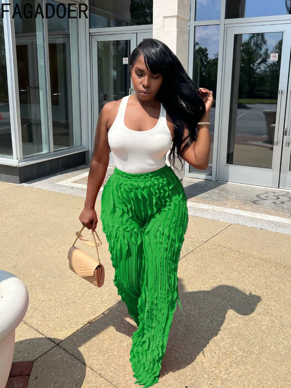 FAGADOER Fashion Tassel Wide Leg Pants Womens Casual Streetwear High Waist Stretchy Ruffles Mesh Pants Sexy Trousers Club Wears