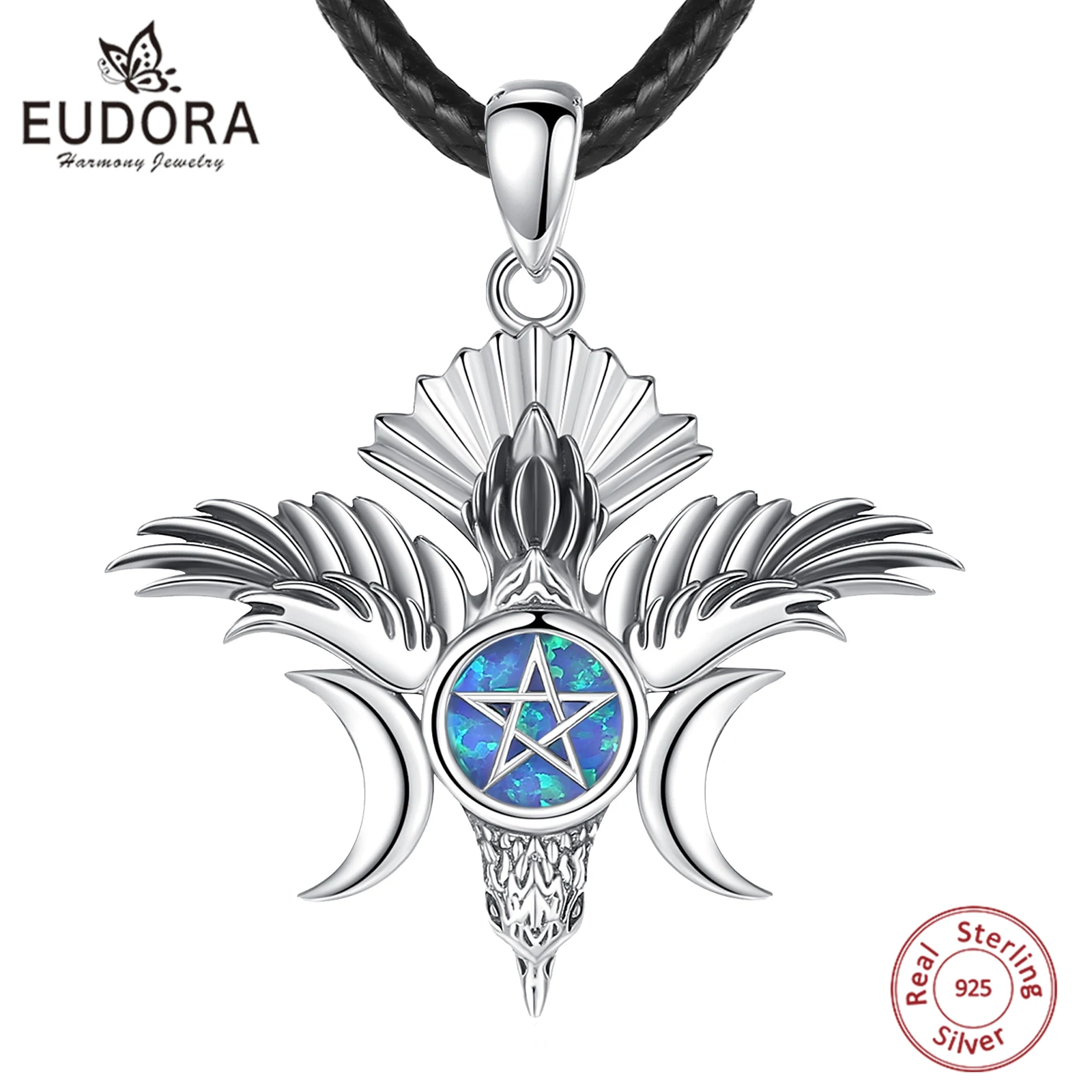 

Eudora 925 Sterling Silver Triple Moon Goddess Necklace Opal Pentagram Vintage Raven Pendant Wicca Jewelry Personality Gift Man