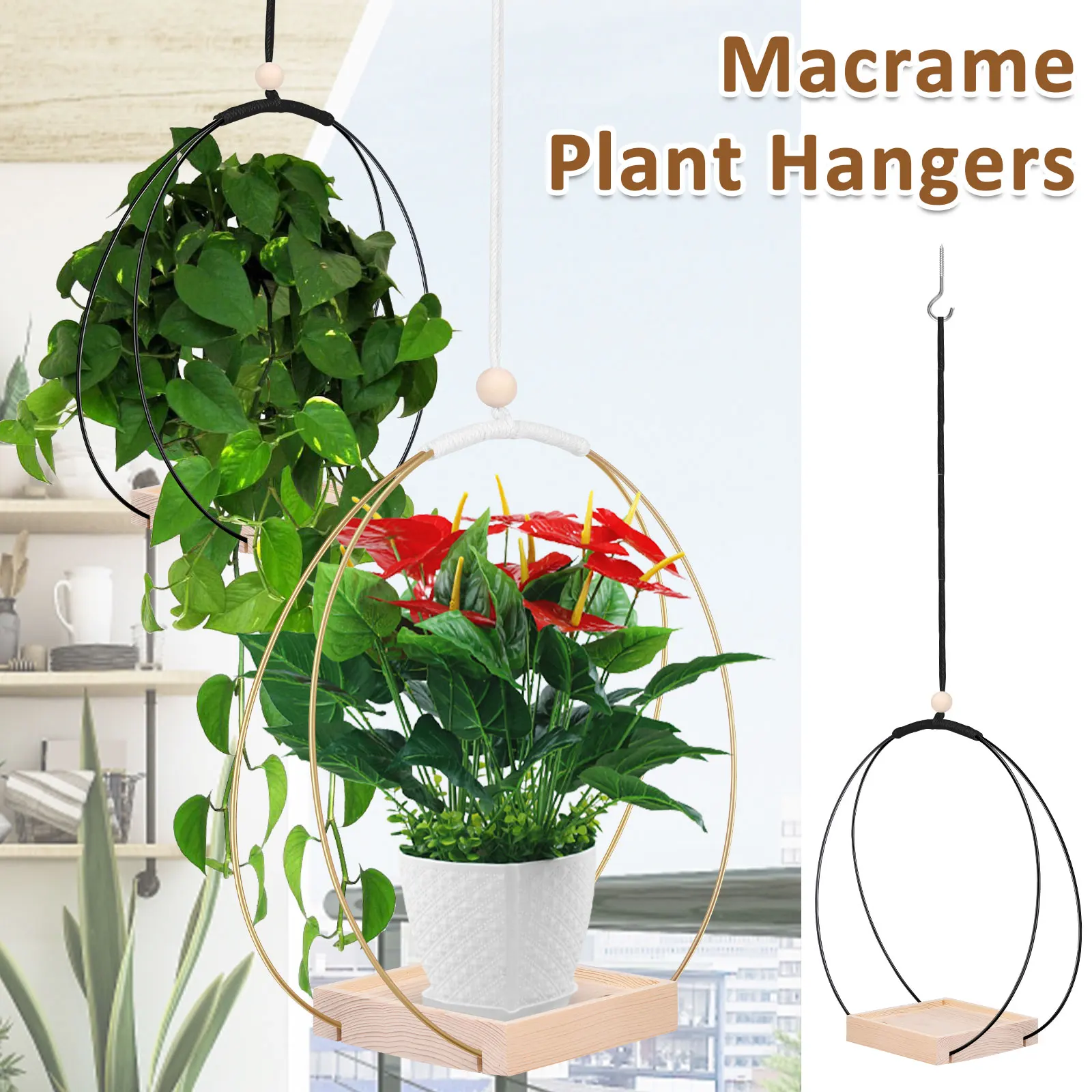 

2Pcs Hanging Plant Rack Iron Wall-mounted Planter Shelves Display Holders with Wood Base for Garden Porch Balcony Plant Craft
