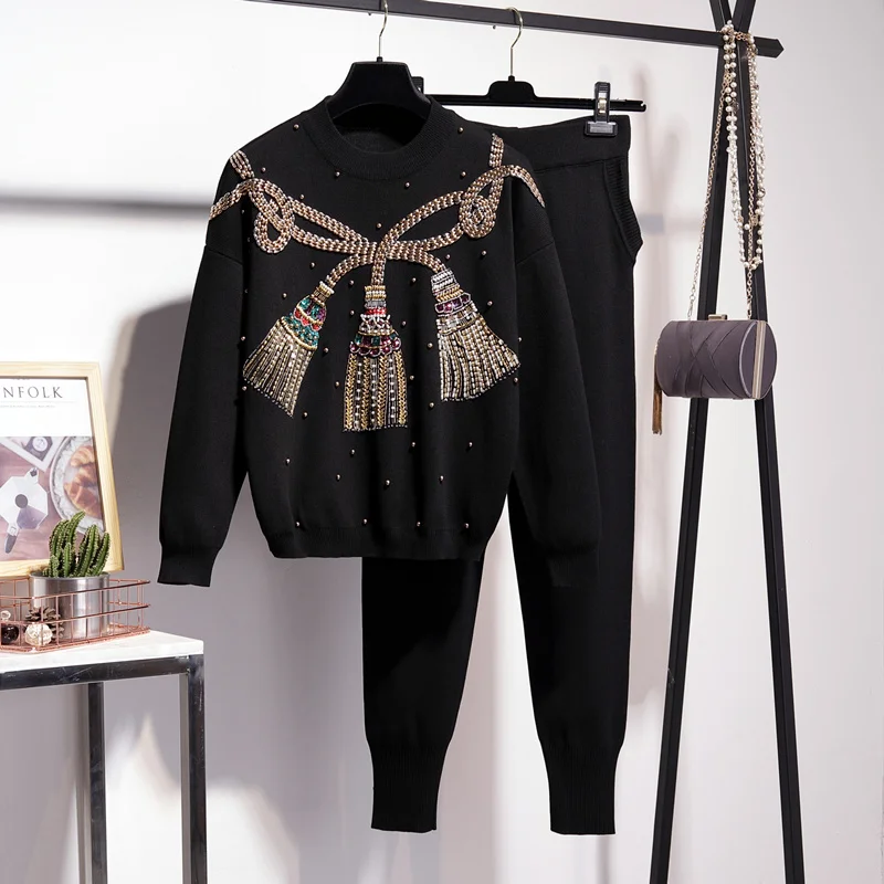 heavy-work-beaded-sequin-black-pullover-sweater-long-knit-pants-women-casual-two-piece-loose-knitted-tracksuit-female-outfits