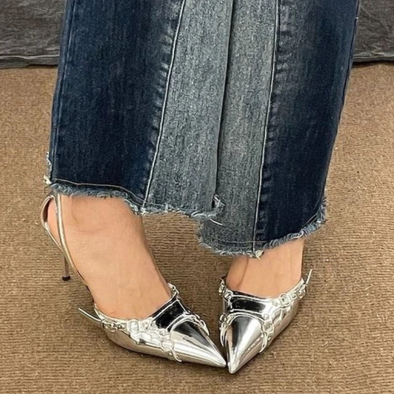 New Silver Rivet Pointed Toe Sexy Buckle Sandals Lady Patent Leather Cover Toe Sandals Women Slingback Shoes Dress Design