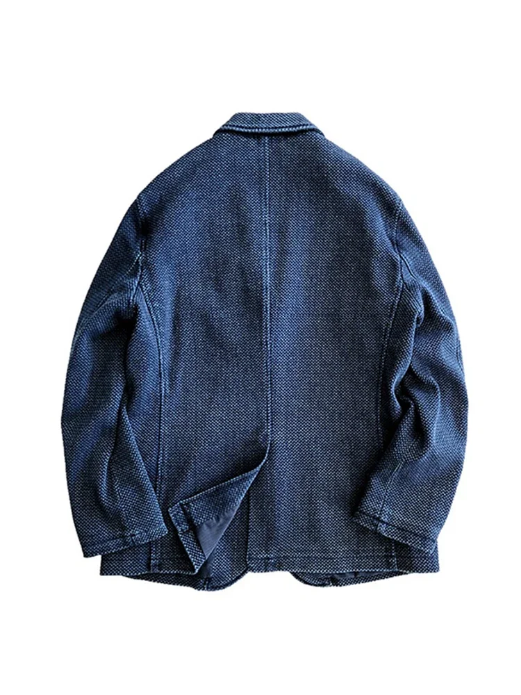 Amekaji Wear Clothes Men Blue Dyed Suit Cotton Casual Solid Color Long Sleeve Jacket 3