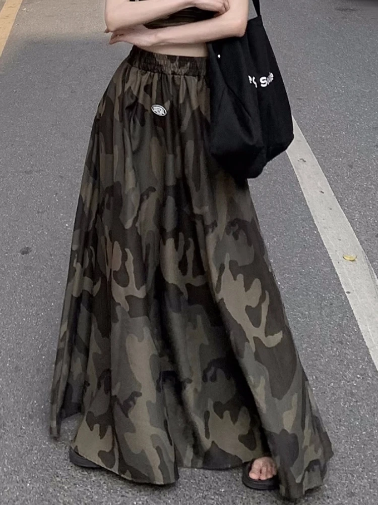 Qiukichonson Camouflage Womens Long Skirts Goth Vintage Maxi Skirt 2023 Spring Summer High Waisted A-Line Pleated Skirts rok