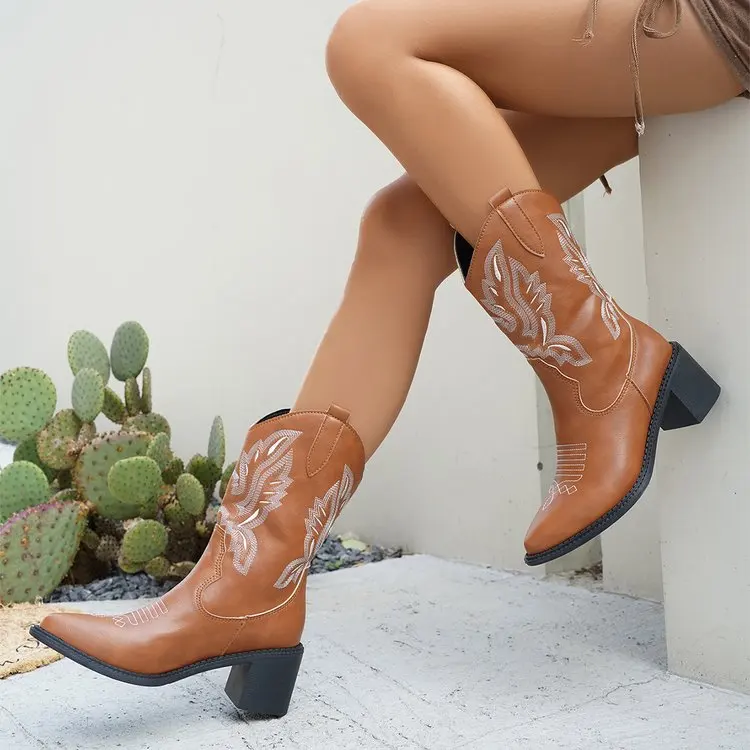 Fashion Women Winter Vintage Embroidery Asymmetrical Midi High Chunky Boots Low Heel Square Toe Boots