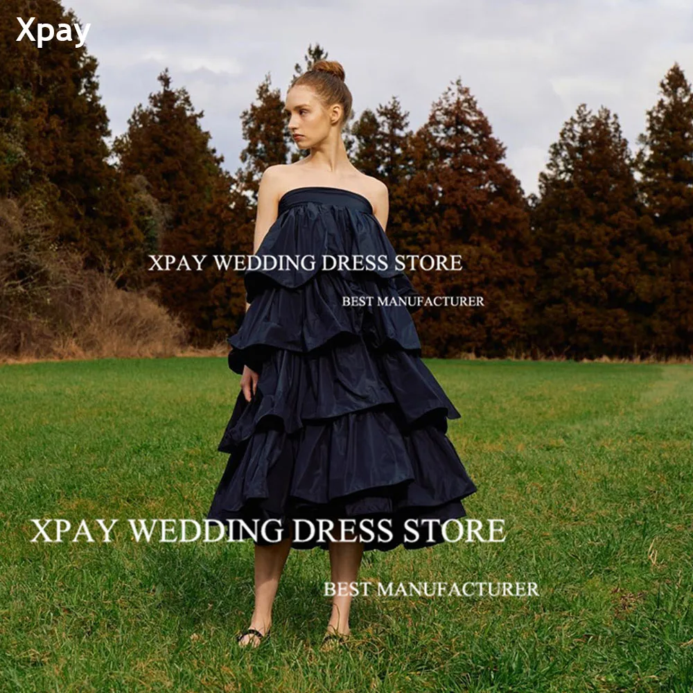 

XPAY Modern Black A Line Korea Evening Dresses Taffeta Tiered Ruffles Formal Party Prom Gown Women Backless Wedding Photo Shoot