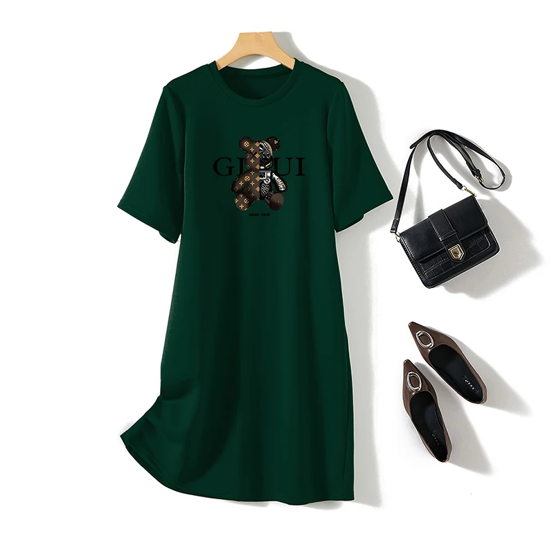 Women Cartoon Printed Tunic Office Lady Summer Cotton Short Sleeve Casual Loose O-neck Pullover Dresses 5