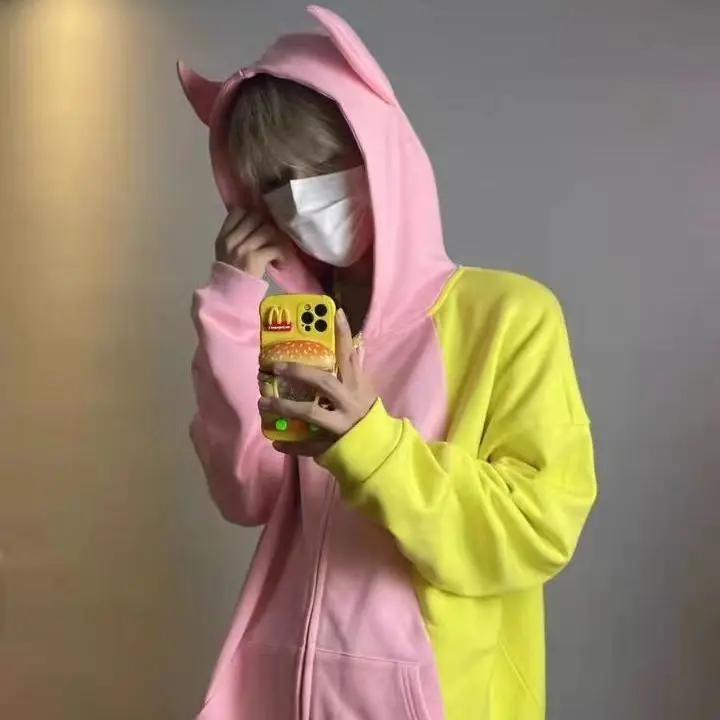 Street Contrast Color Hoodie Y2K Oversized Sweatshirt Tail Goth Long Sleeve Coat Women Grunge Jacket Streetwear 2022