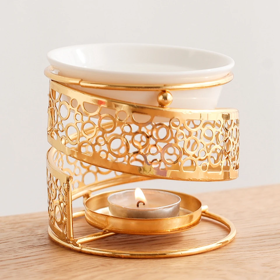 Bruciatore Di Oli Essenziali In Ceramica E Ferro, Design Geometrico Oro, Portacandele Per Aromaterapia, Decorazione Casa E Ufficio - 4