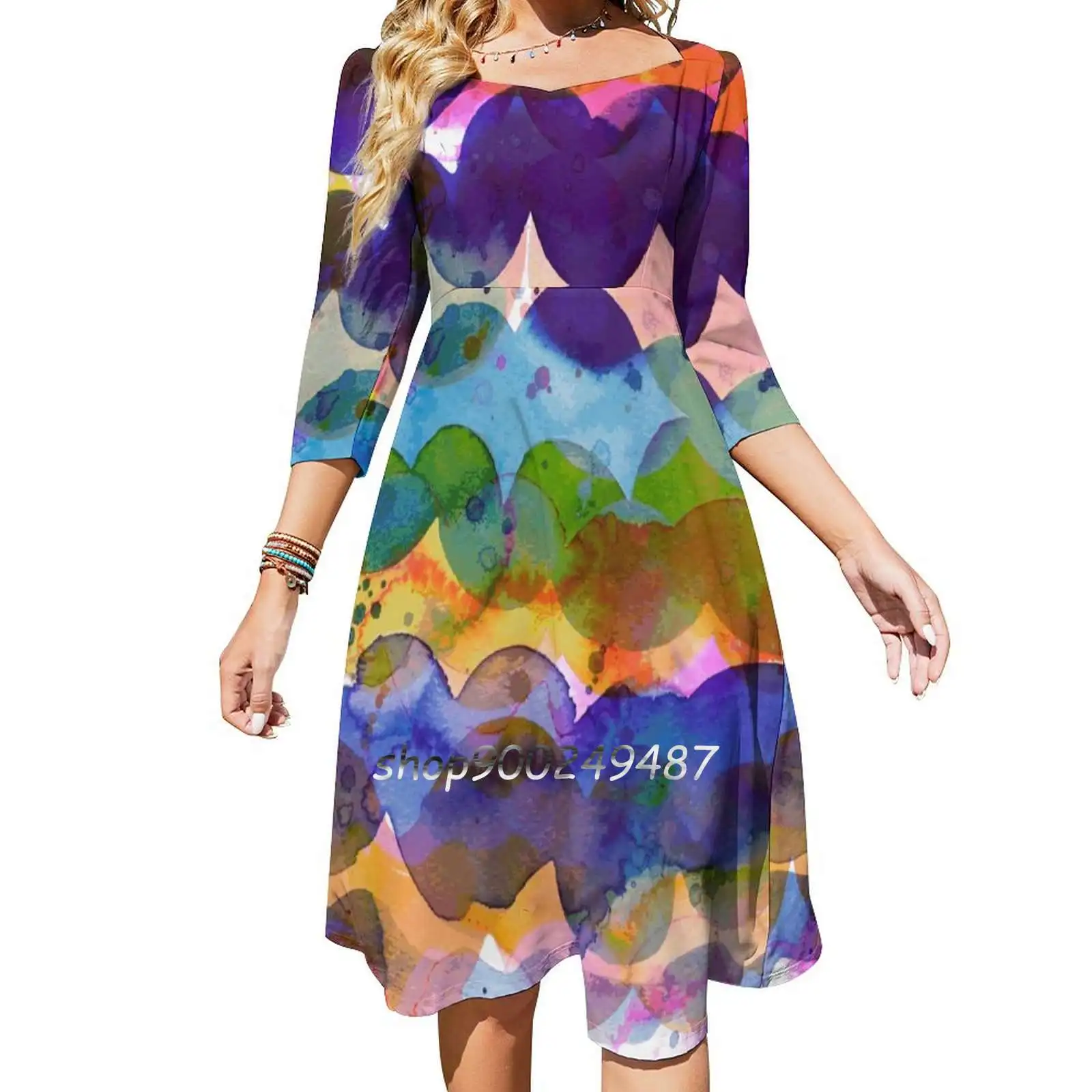 

Abstract Waves Sunset Watercolor Painting-Colorful Tidal Evening Party Dresses Midi Sexy Dress Female Sweet One Piece Dress