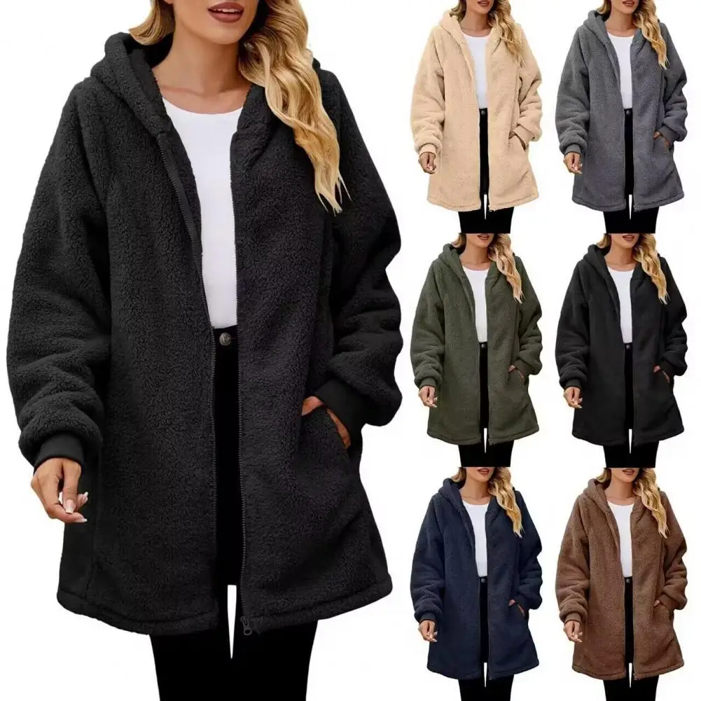 

Fall Winter Hooded Lady Coat Thick Plush Mid Length Women Jacket Solid Color Pockets Zipper Closure Loose Outerwear For Female
