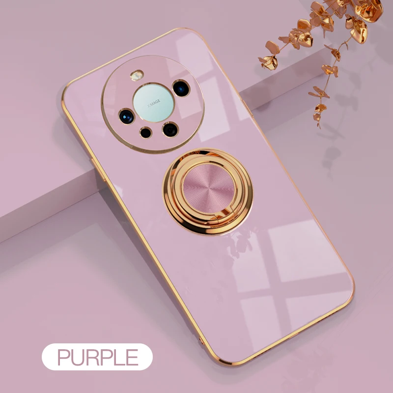 

for Huawei Mate 60 Pro Case Car Magentic Ring Holder 3 IN 1 Plating Shockproof Soft Cute Phone Cover Mate60Pro ALN-AL00 ALN-AL80