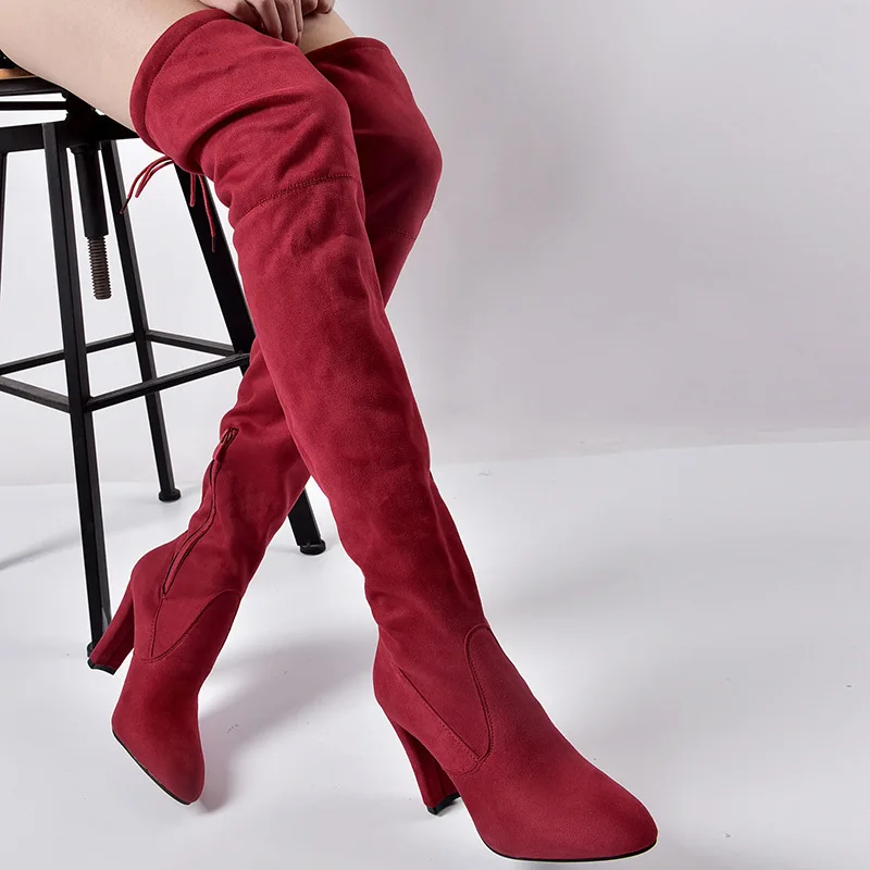 

Stretch Over-the-knee Boots Ladies Pointed-toe Suede Pleated Shoes High-heel Zipper Elastic String Fashion Party Dress Mature