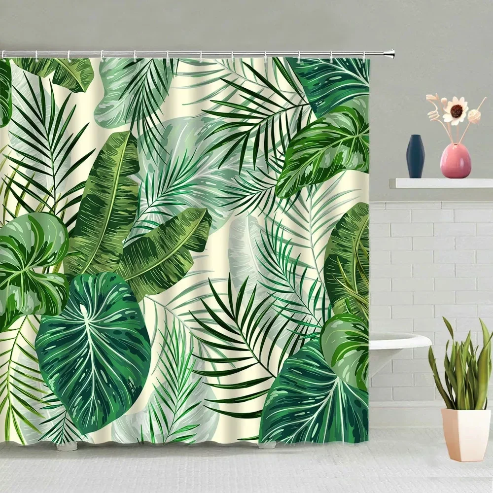Shower Curtains Tropical Green Plant Palm Leaf Bathroom Shower Curtains Summer Jungle Fabric Waterproof Hooks Hanging Curtain Bath Screen Decor