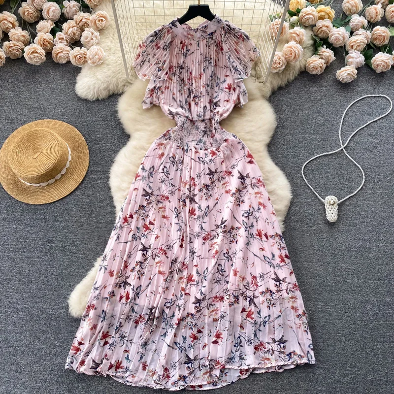 

2023 Summer Chiffon Fragmented Flower Dress New Pressed Pleated Feeling Slim Waist Large Swing Long Dress