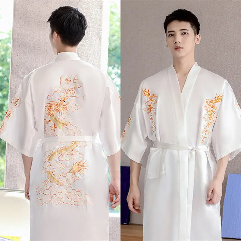 Luxury Brands Silk Robes Nightgowns Men Big Size Kimono Bathrobe Sleepwear Embroidery Vintage Loungewear Short Sleeve men print crane chinese kimono casual loungewear 3 4 sleeve cardigan summer new underwear bathrobe home clothes large size