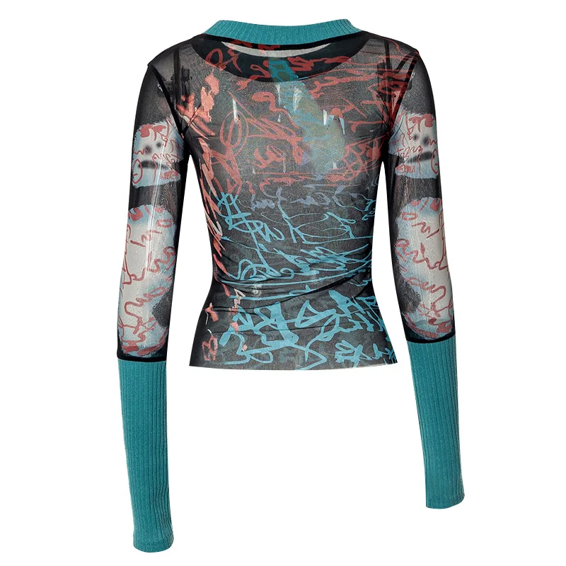 tシャツ GRADATION PATTERN SHEER TOPS レディース Graphic T Shirts Streetwear Y2k Women Sheer Mesh Knit
