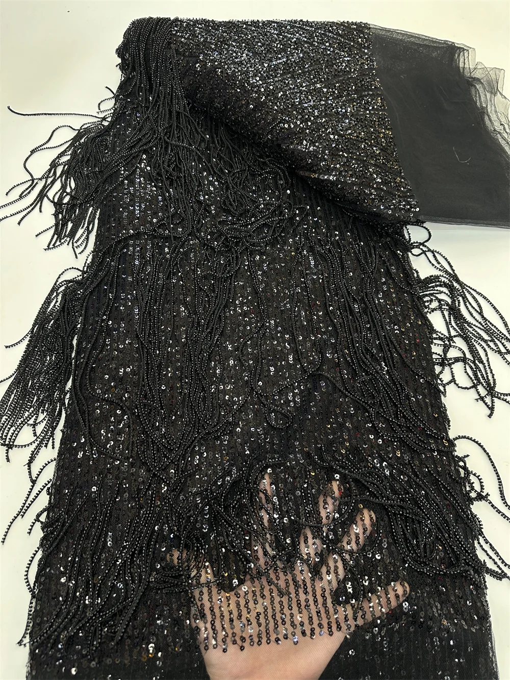 Black African Sequins Lace Fabric 5 Yards 2024 High Quality Lace French tassel Groom Beaded Lace Fabric For Wedding Party Dress