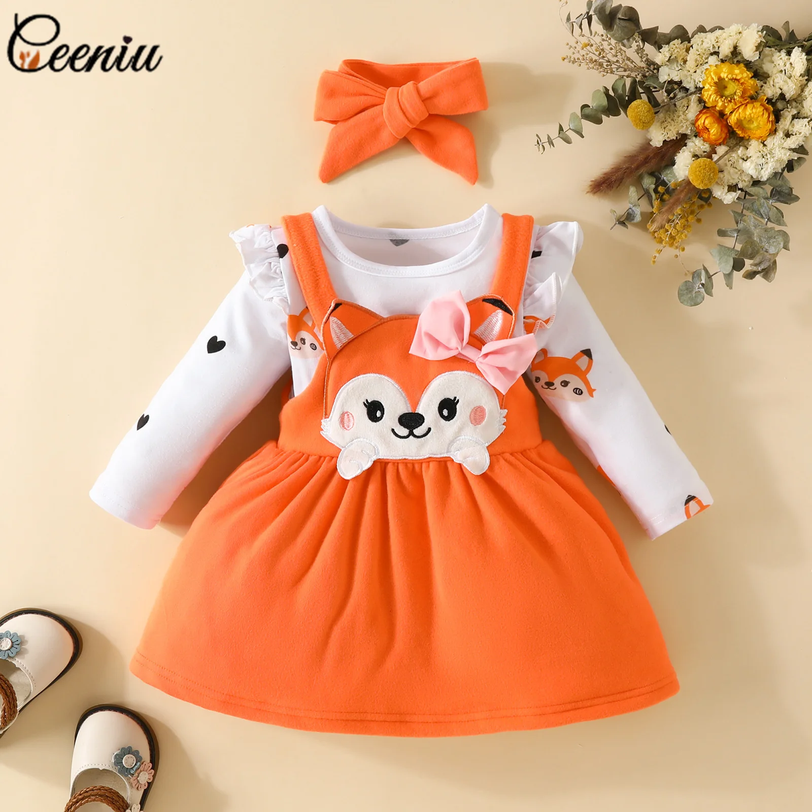 Ceeniu018MBabyGirlFoxOutfitSpringAutumnCartoonHeartRomper