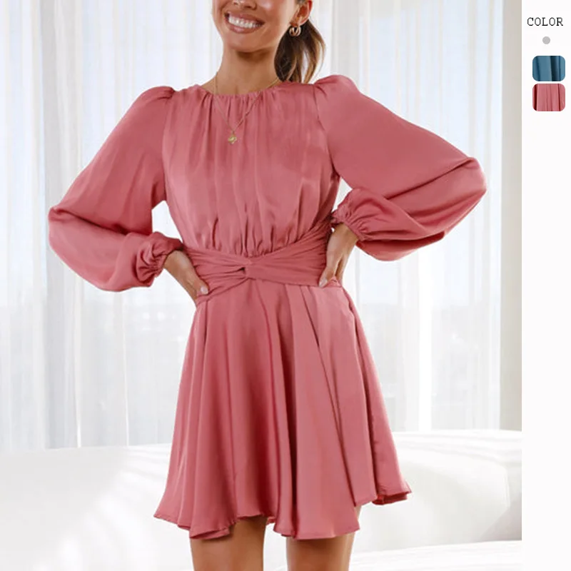 

Women's Hot Sale Solid Color Lantern Sleeve round Neck Lace up Pleated Gentle Dress Female