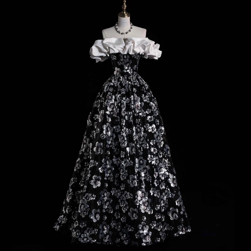 

Black Pleated Strapless Formal Evening Dresses Women Elegant Slim Princess Ball Gown Exquisite Embroidery Party Vestidos