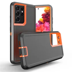 3-in-1 Heavy Duty Armor Phone Protector Case - Hybrid Rugged Design for Galaxy S21 FE (Black orange)