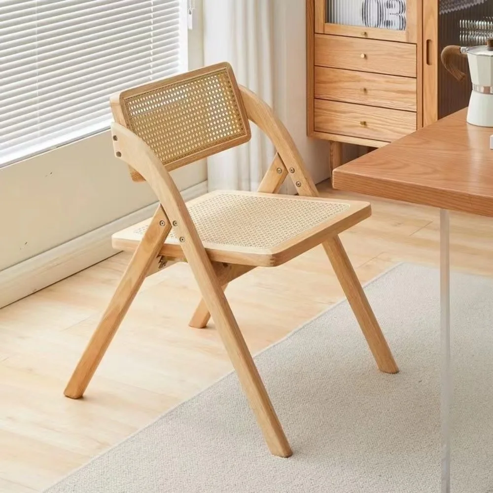 Wabi Stillwind Rattan Chair Household Folding Nanzhu Solid Wood Stool Backrest Dining Chair Nordic Log Wind Eating