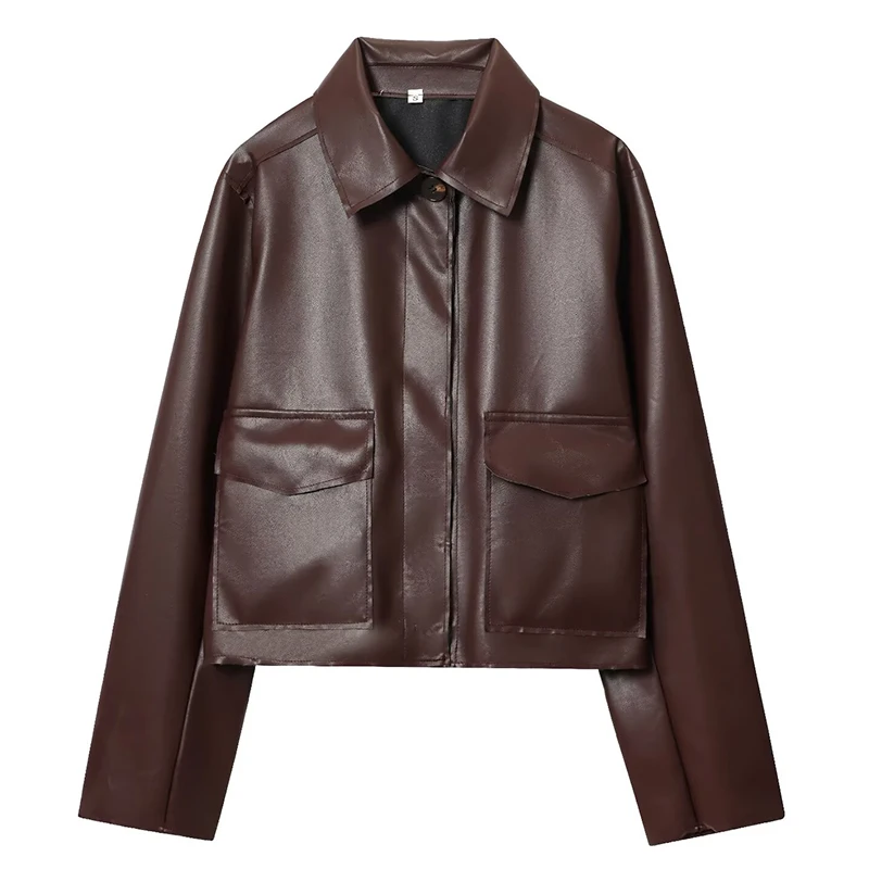 TFMLN Autumn New Leather Jakcet For Women 2025 Fashion Pockets Outerwear Lapel Pu Coats Winter Streetwear Ladies Tops Women