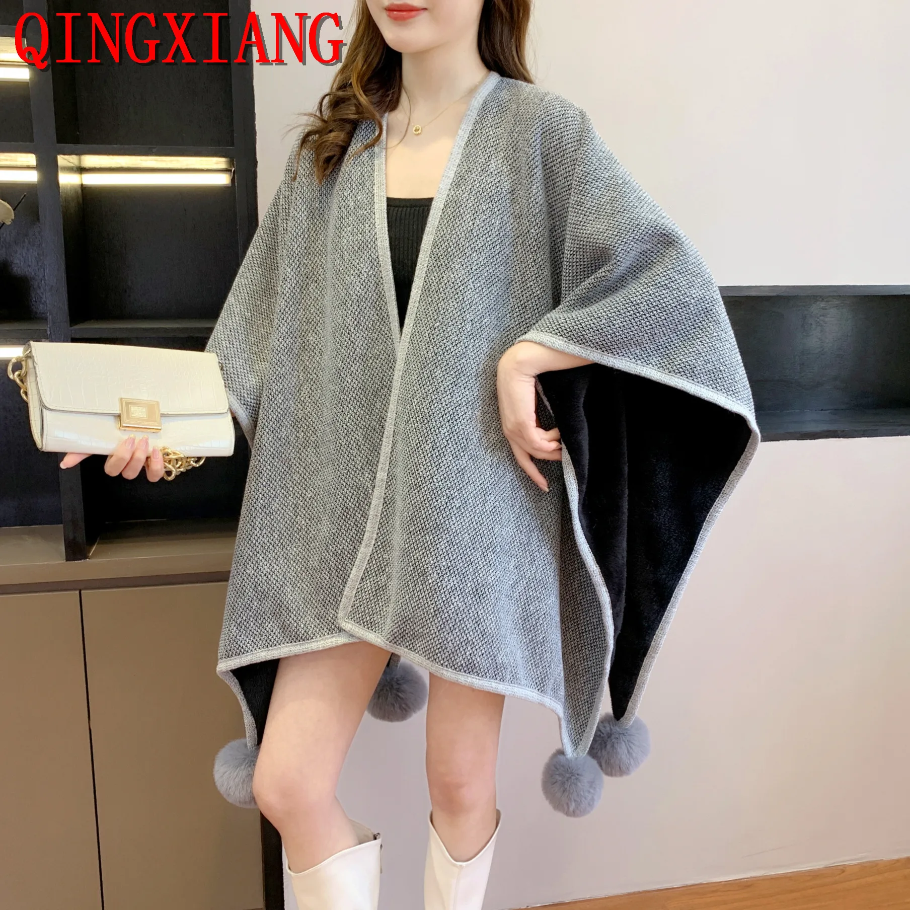 2023 Autumn Winter Knitted Shawl Warm Soild Poncho Capes With Velvet Lining Female Women Long Fur Ball Split Out Street Cloak