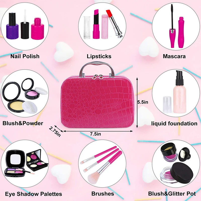 Kids Pretend Makeup Kit with Cosmetic Bag for Girls 4-10 Year Old -  Including Pink Brushes, Eye Shadows, Lipstick, Mascare, Gittler Pot, Liquid  Foundation, Nail Polish and More (Not Real Makeup) 