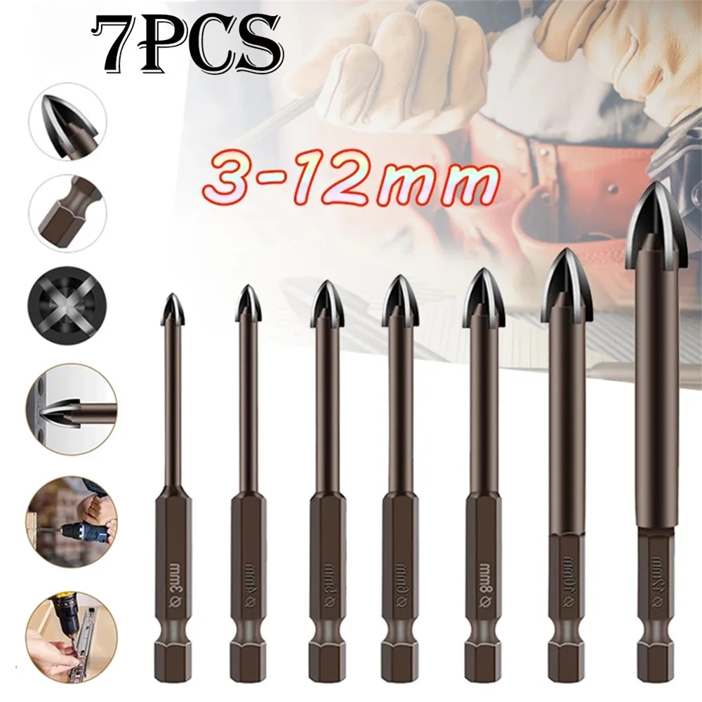 

7pcs 3-12mm Glass Drill Bit Set Alloy Tungsten Carbide Point with 4 Cutting Edges Tile & Glass Cross Spear Head Drill Bits