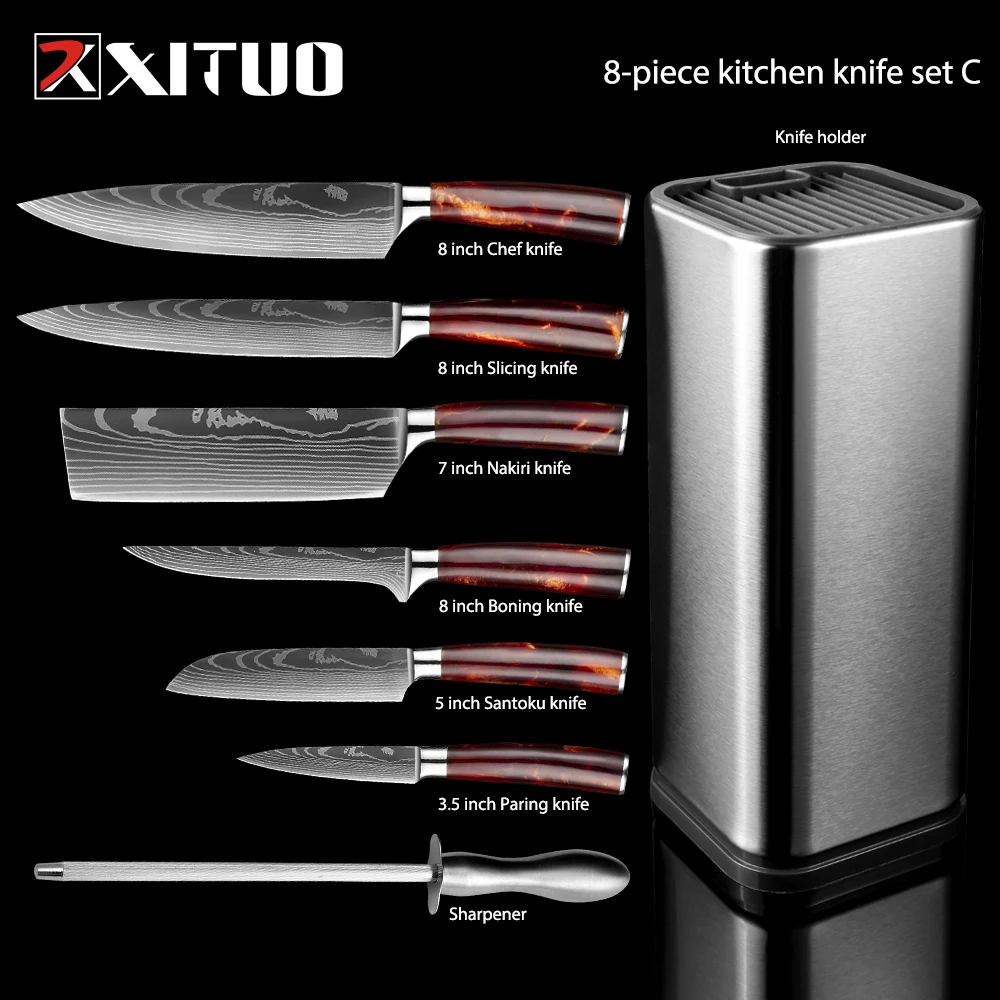 Kitchen Knife Set Imitation Damascus Pattern Professional Chef knife Meat Cleaver Slicing Santoku knife Kitchen Accessory kitchen knives
