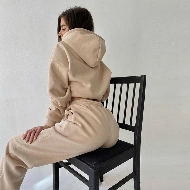 Women's Winter New Fashion Long-sleeved Sweater Pants Warm Cotton Sports Leisure Suit Sweatsuit Set Loose Trousers Outfits Cloth