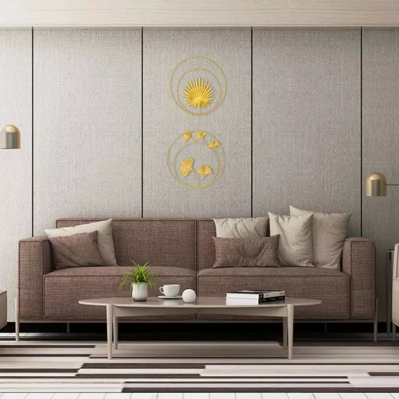 Wall Art Decor Wall Hanging Pendant Metal Flower Wall Decoration Golden Round Wall Hanging Nordic Light Luxury Palm Leaf Ginkgo Leaf Metal Home Decoration