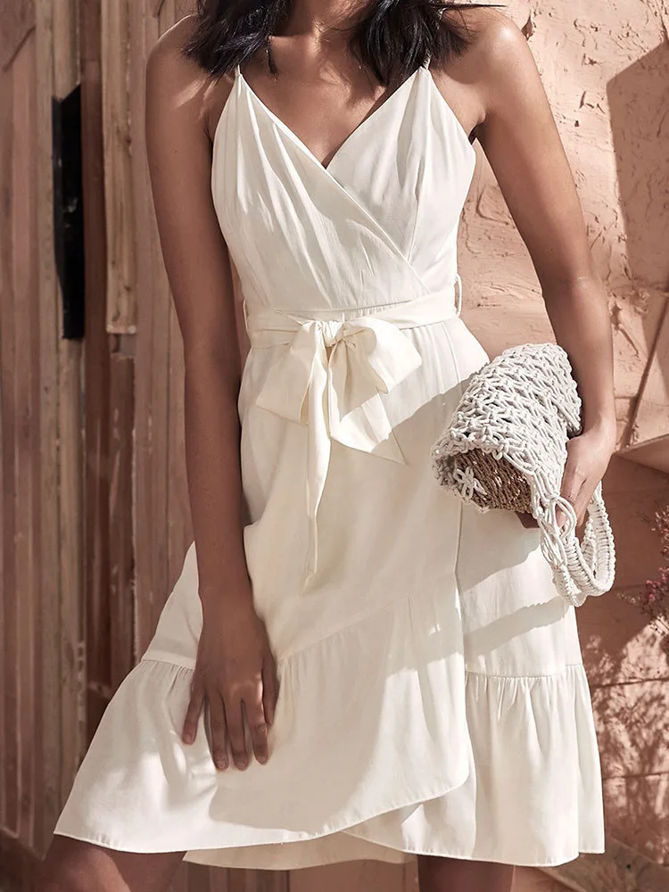 

Elegant Ruffles Sling Party Dress Summer White Midi Evening Dresses for Women Sexy V Neck Backless Lacing Loose Femme Vestido