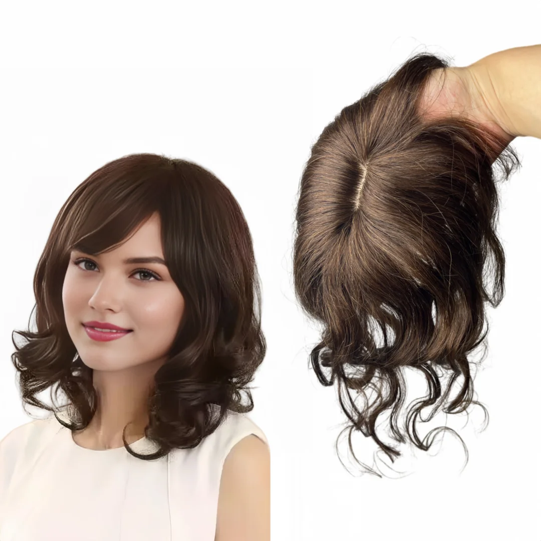 Natural Curly Wavy Human Hair Topper for Women Cover Grey Hair 14 inch Clips in Hairpiece Extension for Women Light Brown Remy