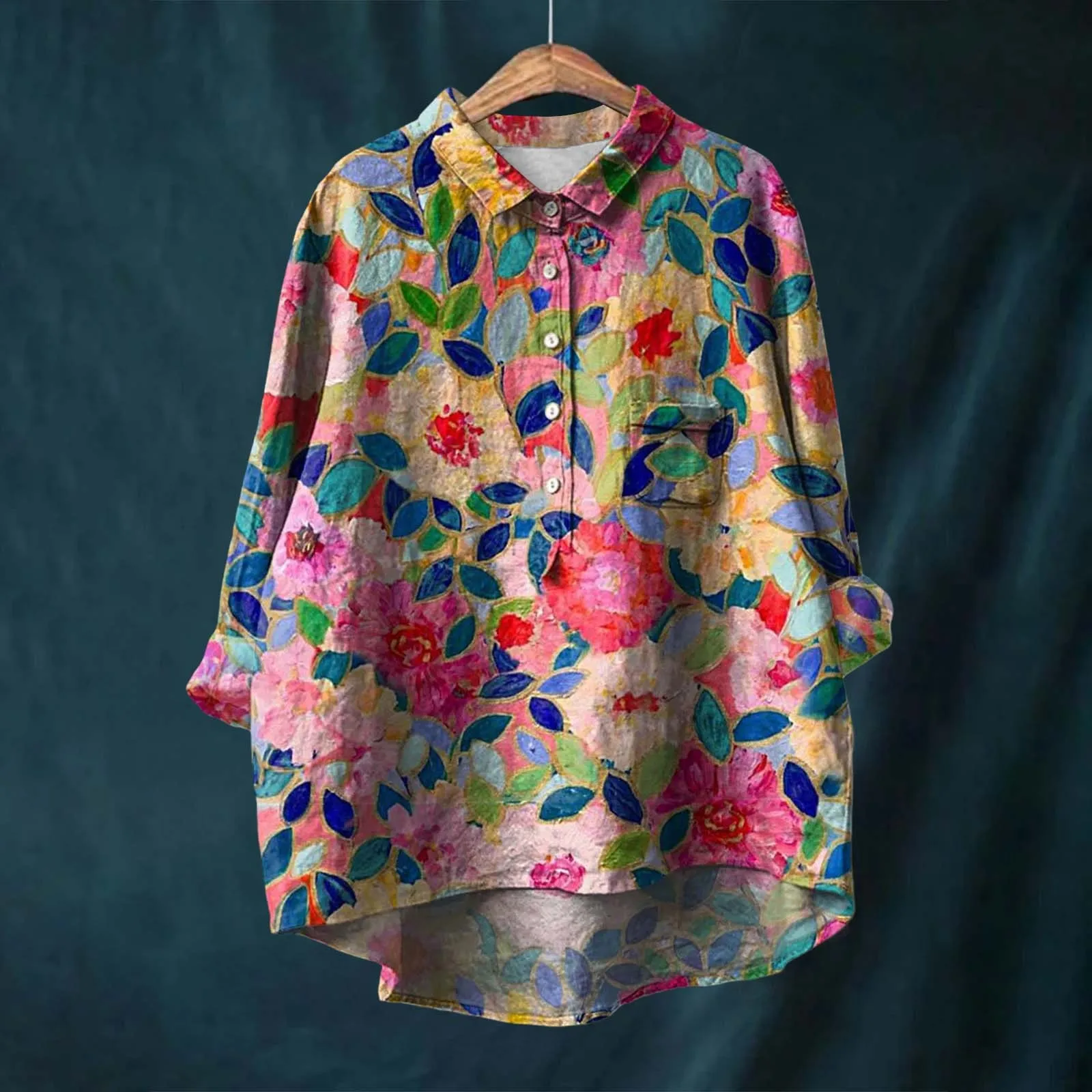 Women Shirt Flower Pattern Printed Lapel Neck Casual Cotton And Linen Long Sleeve Fall Exercise Clothes