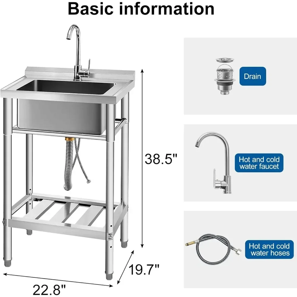Stainless Steel Utility Sink, Free Standing Single Bowl Kitchen Sink with Cold and Hot Water Pipe for 6