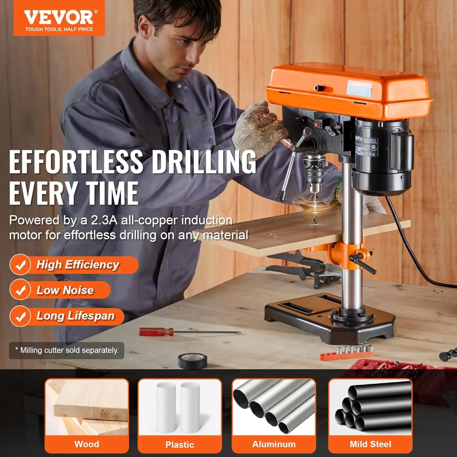 8 in Benchtop Drill Press, 2.3A Induction Motor,Tabletop Drilling Machine with 750/1140 / 1740/2340 / 3200 RPM Adjustable Speed. 2
