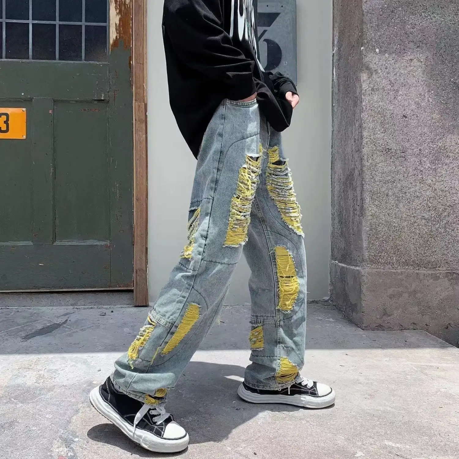 Autumn men\'s casual jeans American ins trend brand high street niche design Y2K retro washed distressed casual trousers hot sale