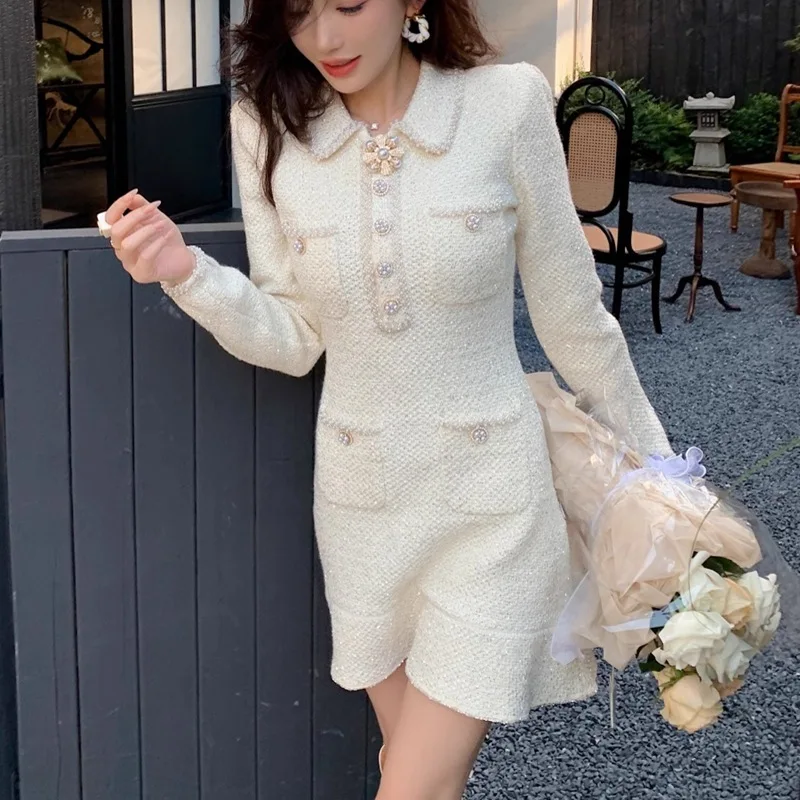 Elegant Short Dress European Style Tweed Lapel Beading Button Long Sleeve Fashion Dresses For Women 2025 Spring Summer 9896