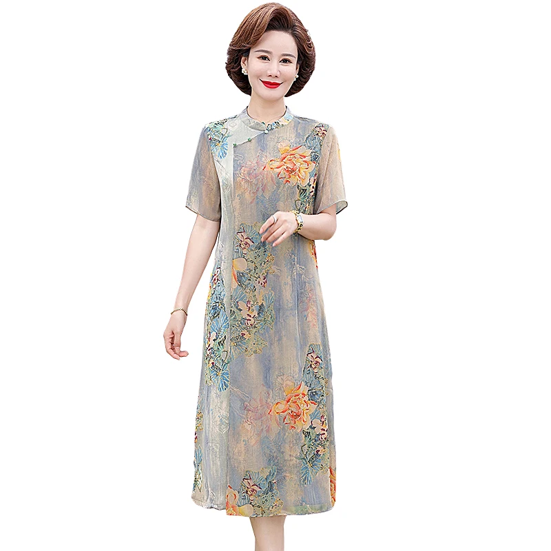 

Short Sleeve Midi Skirts for Women, Stand Collar Printing, Chinese Style Fashion, Casual Thin Clothing, Summer, 2023