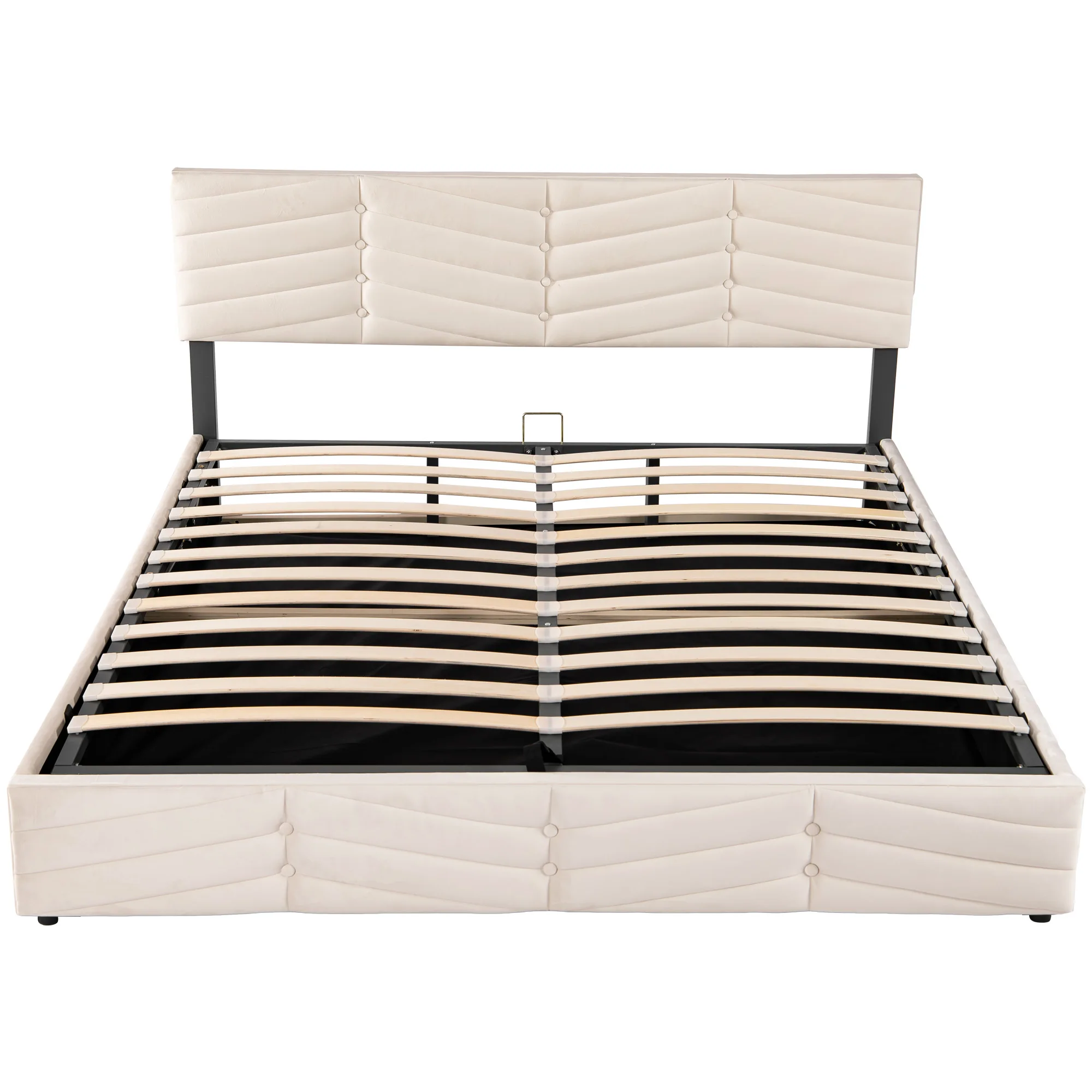 Gepolstertes Doppelbett mit hydraulischer Funktion, höhenverstellbarem Kopfteil, 180 x 200 cm, beige Samt. – Detail 9