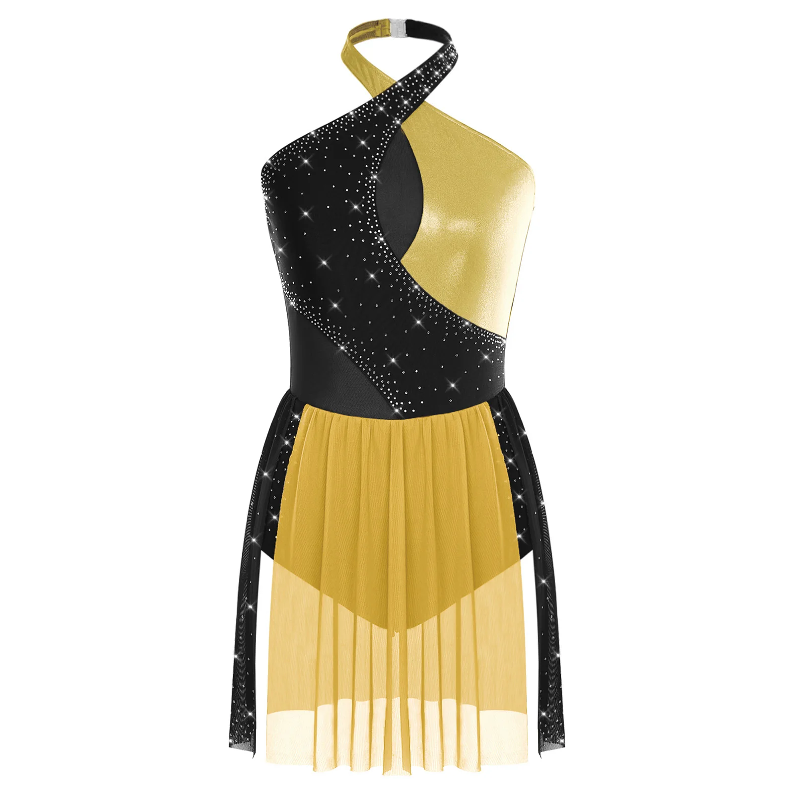 Damen Gymnastik Ballett Latein Lyrical Dance Kostüm Künstlerisches Eiskunstlauf Trikot Kleid Neckholder Strass Bodysuit Kleid – Detail 35