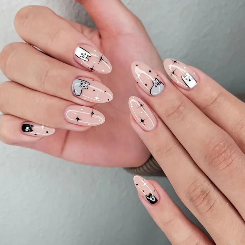 

3D fake nails set press on faux ongles faux capsule cut cat star black white pink short french almond tips false acrylic nail