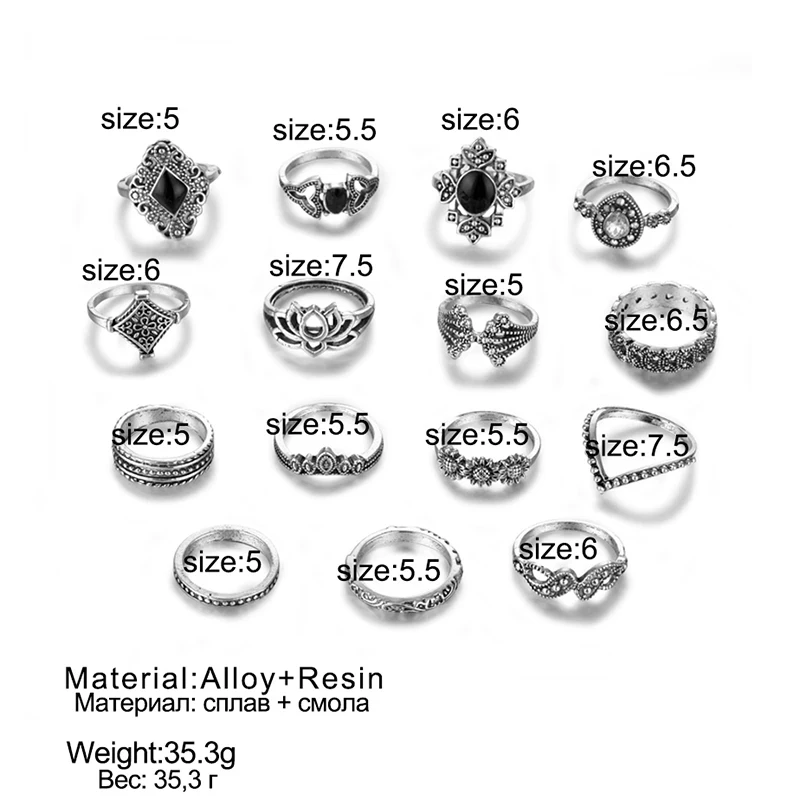 Ring Set FAMSHIN 9pcs/set Boho Vintage Gold Color Star Moon Wedding For Women Crystal Engagement Ring Bohemian Jewelry Gifts wedding rings,jewelry accessories,ring set,wedding ring,gold color ring,gold color rings