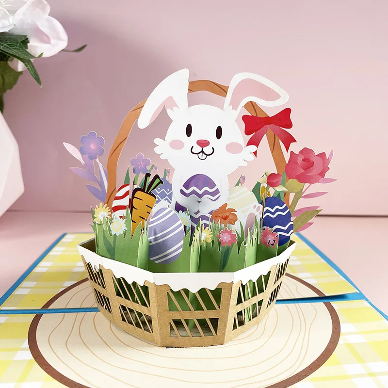 3pcs New Easter Creative Greeting Cards 3D Paper Sculpture Bunny Basket Personalized Blessing Cards Corgi Carrot Egg Gift Card