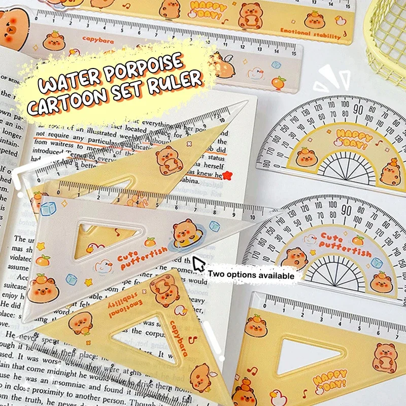 1Set Cartoon Cute Plastic Capybara Ruler High Quality Straightedge Protractor Portable Measuring Tools School Office Supplies