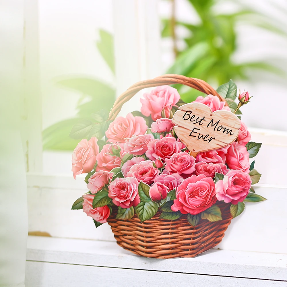 Mothers Day Pink Rose Flower Basket Celebration Creative Home Decor Anniversary Floral Ornaments 3D Pop-up With Envelope
