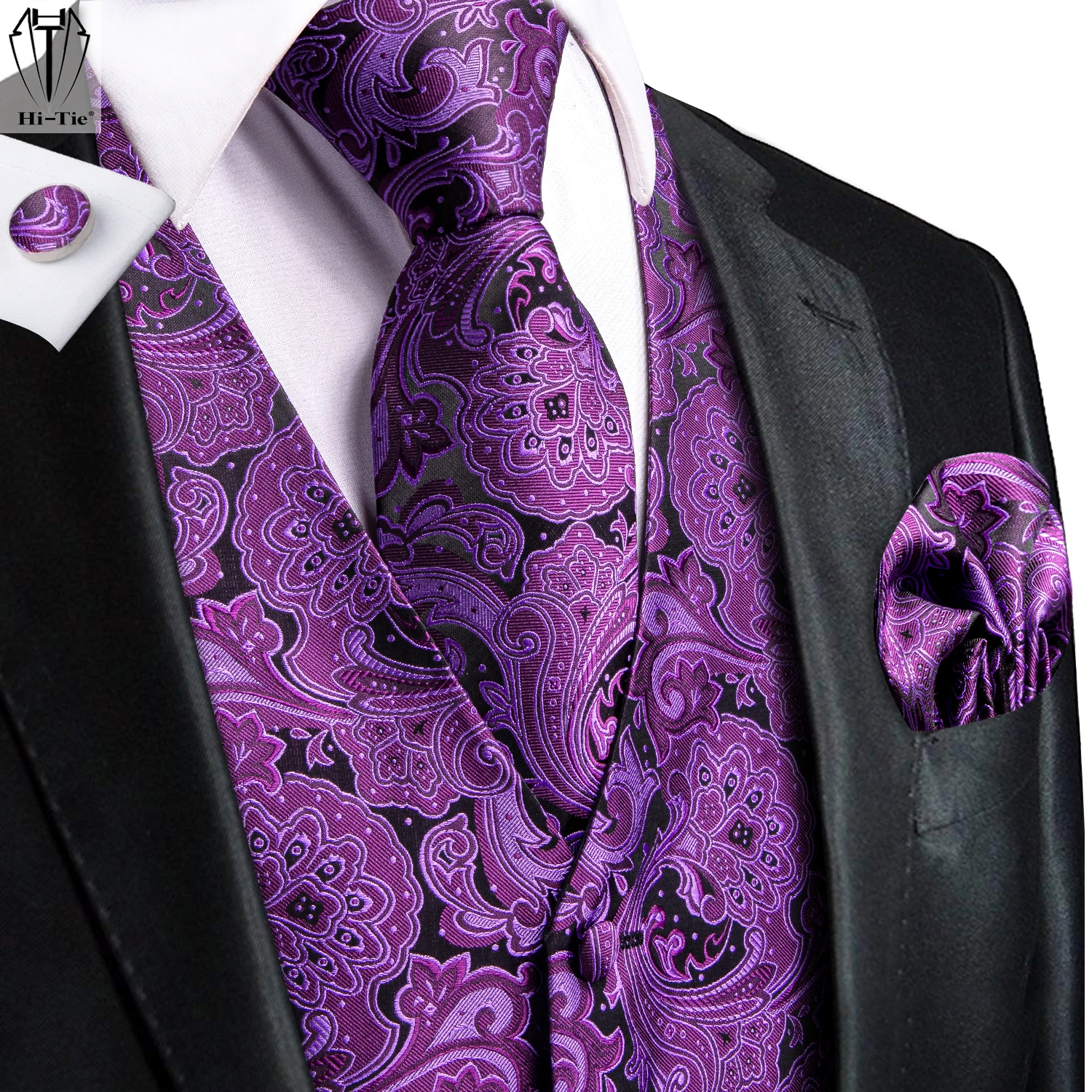 Hi-Tie Jacquard Silk Mens Waistcoat Tie Set Sleeveless Jacket Necktie Hanky Cufflinks Suit Dress Vest Wedding Business Plus Size
